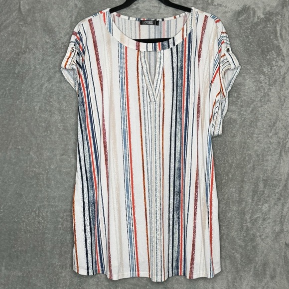 Cure 3X Shirt Top White Striped Faux Tab Short Sleeve Keyhole Scoop Neck Stretch - Picture 1 of 9